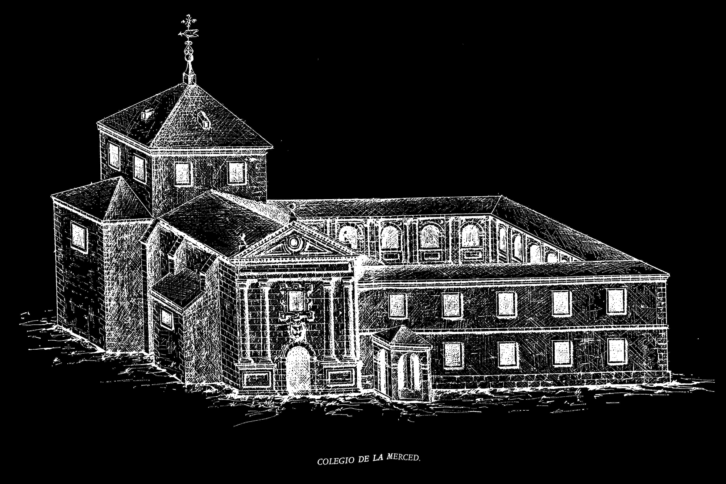 Convento de la Merced calzada y Colegio de la Veracruz. Dibujo de Vargas Aguirre